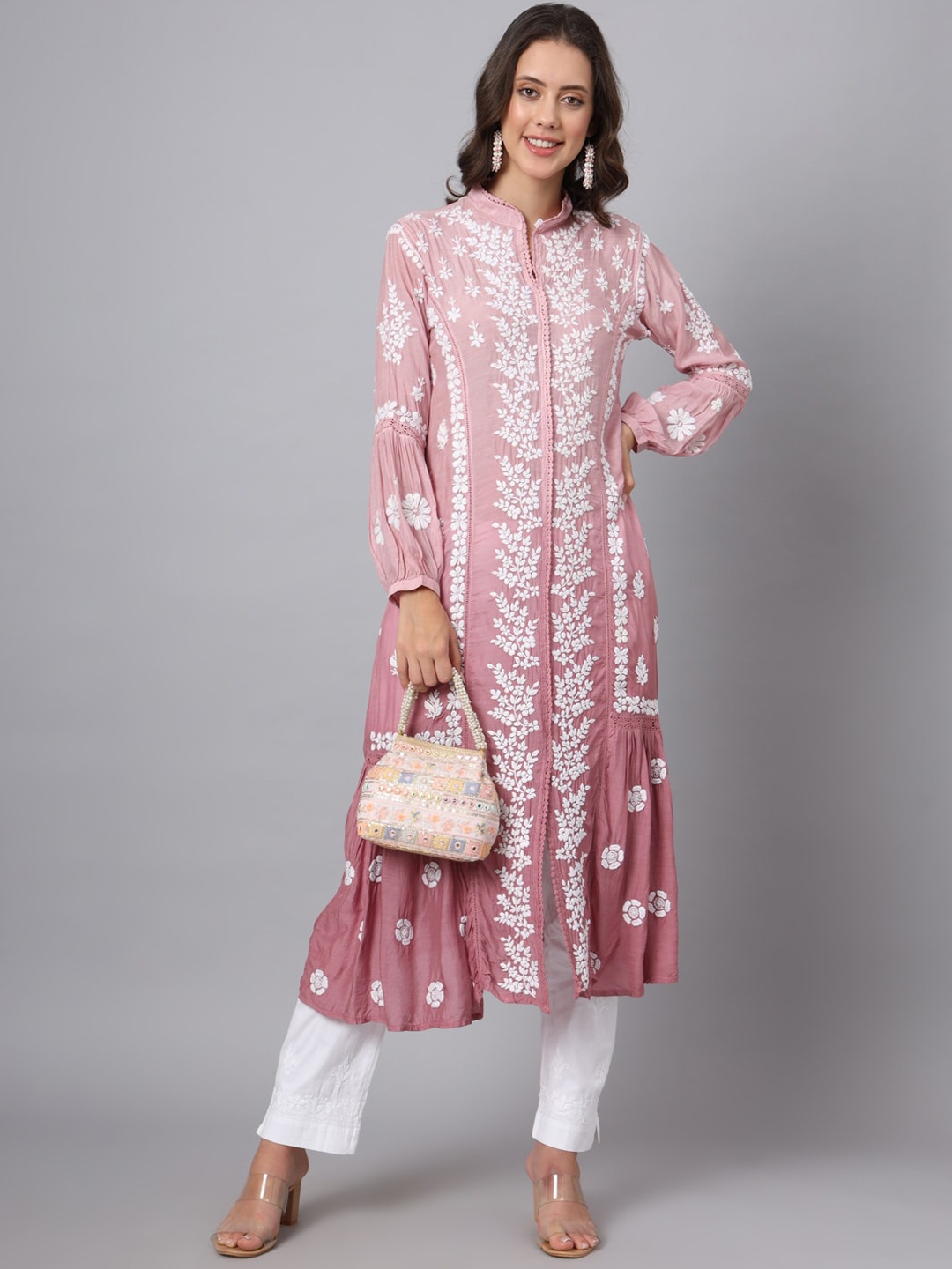 

PARAMOUNT CHIKAN Ethnic Motifs Mandarin Collar Three-Quarter Sleeves Cotton Anarkali Kurta, Pink