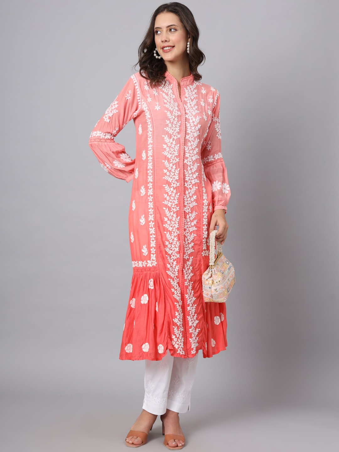

PARAMOUNT CHIKAN Ethnic Motifs Chikankari Embroidered A Line Kurta, Peach
