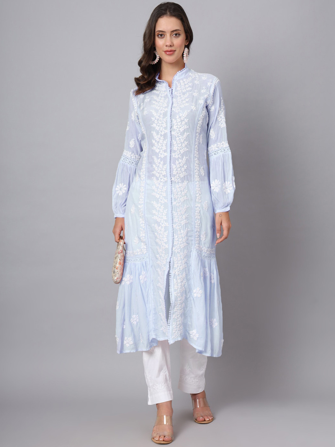 

PARAMOUNT CHIKAN Ethnic Motifs Chikankari Embroidered A Line Kurta, Blue