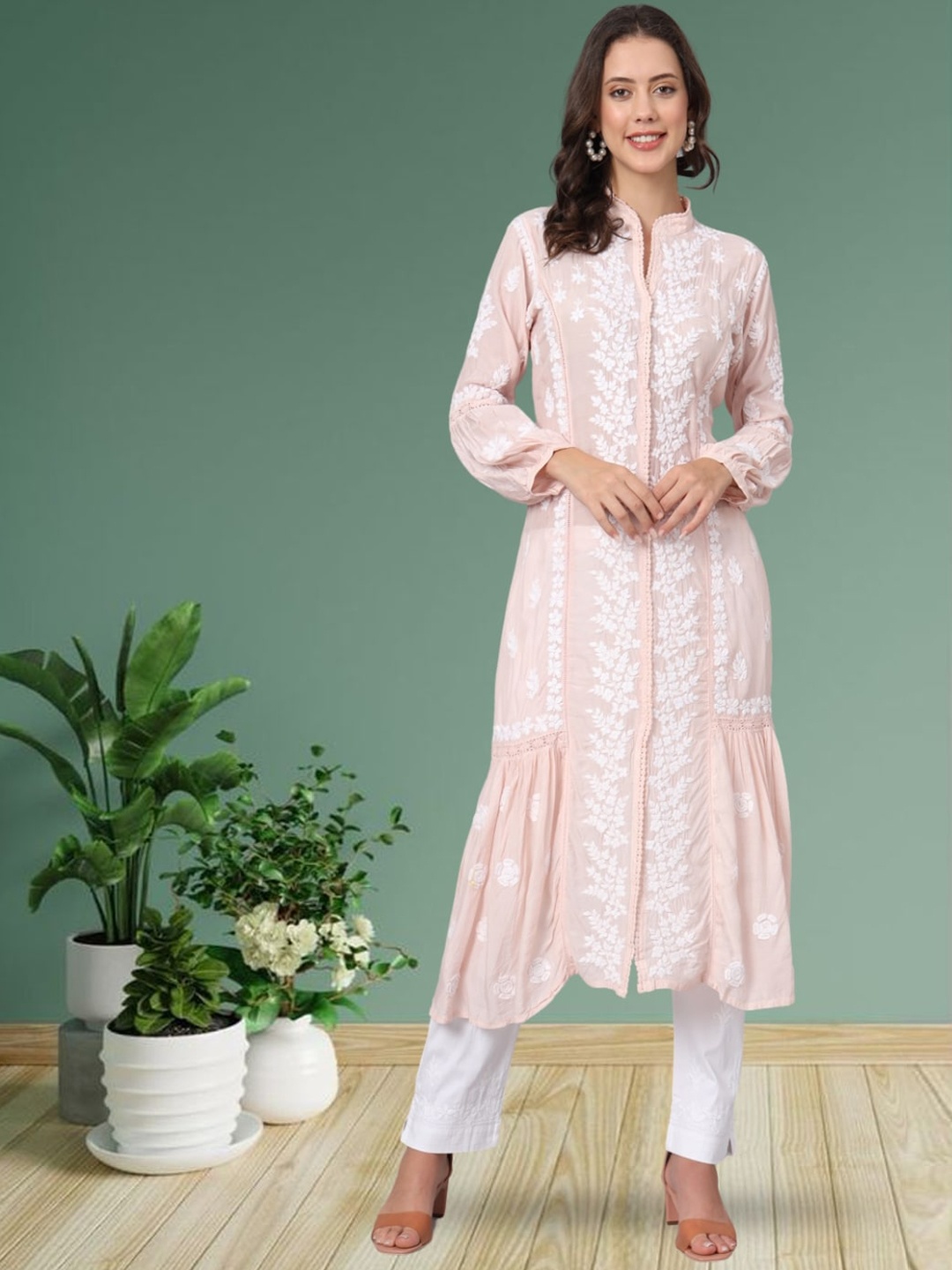 

PARAMOUNT CHIKAN Ethnic Motifs Chikankari Embroidered A Line Kurta, Peach
