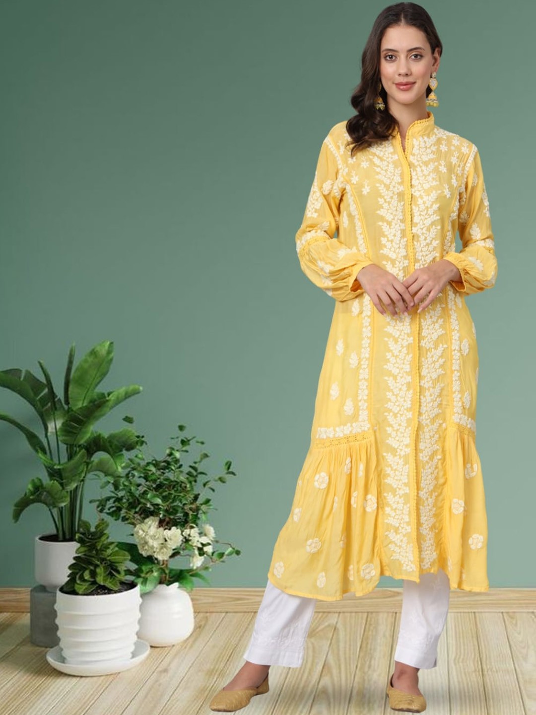 

PARAMOUNT CHIKAN Ethnic Motifs Chikankari Embroidered A Line Kurta, Yellow
