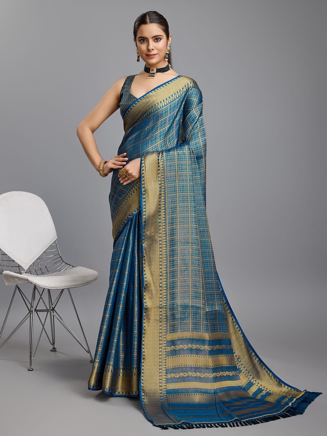 

Saree Exotica Checked Zari Brocade Banarasi Sarees, Teal
