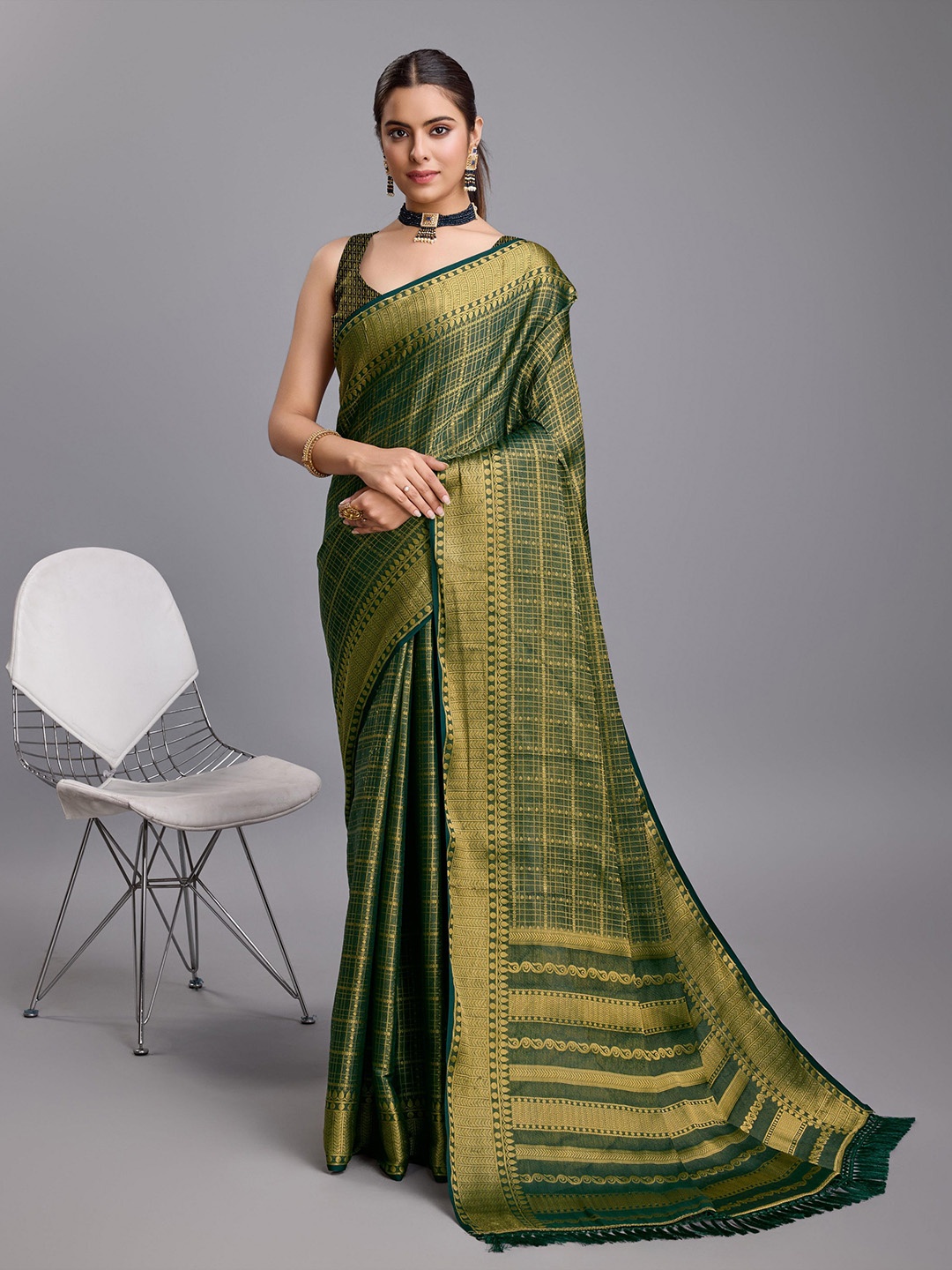 Saree Exotica Checked Brocade Banarasi Zari Sarees, Green