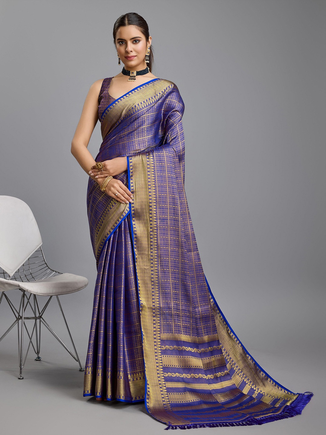 

Saree Exotica Checked Brocade Banarasi Zari Sarees, Blue