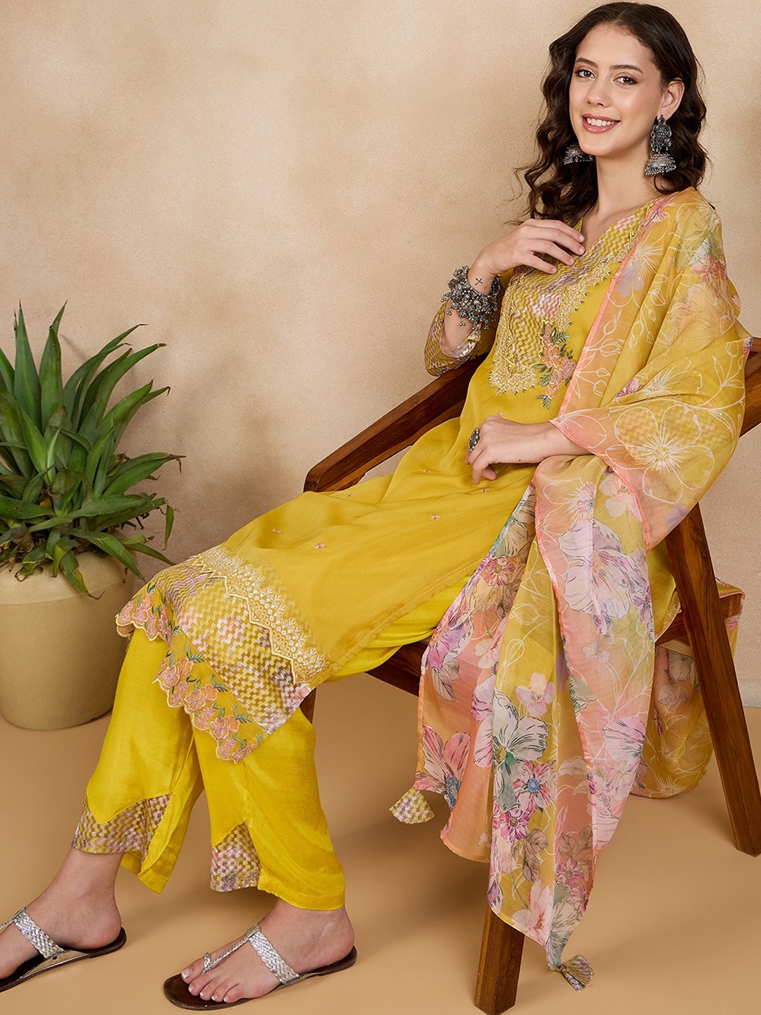 

Anouk Floral Embroidered Yoke Design Organza Kurta With Trousers & Dupatta, Mustard