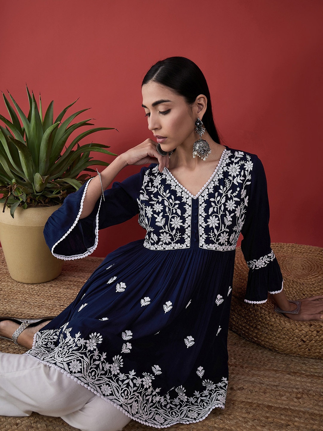 

Anouk Navy Blue Ethnic Motifs Embroidered Pleated Anarkali Kurta