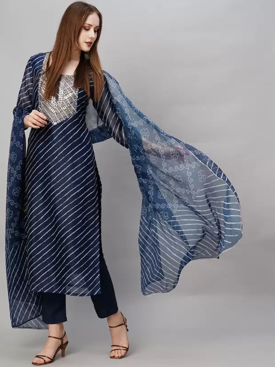 

Royal Export Leheriya Embroidered Straight Kurta & Trousers With Dupatta, Navy blue