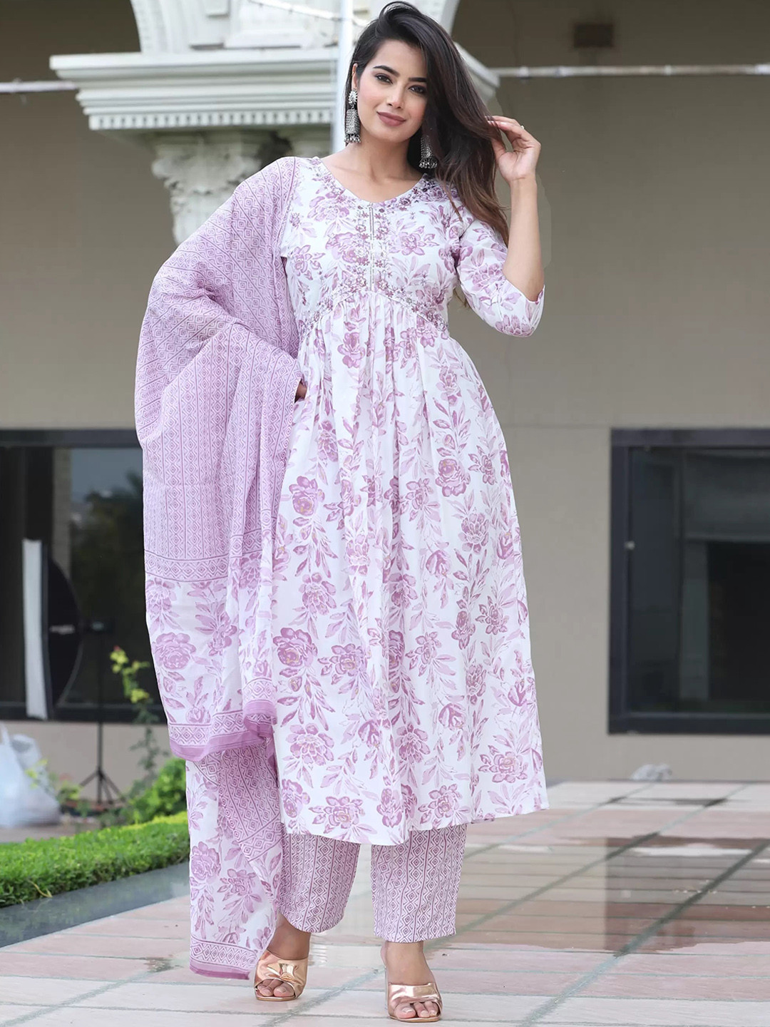 

Royal Export Floral Printed A-Line Kurta & Trousers With Dupatta, White