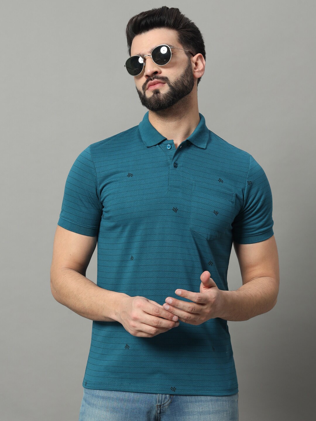 

OGEN Men Striped Polo Collar Pockets T-shirt, Teal