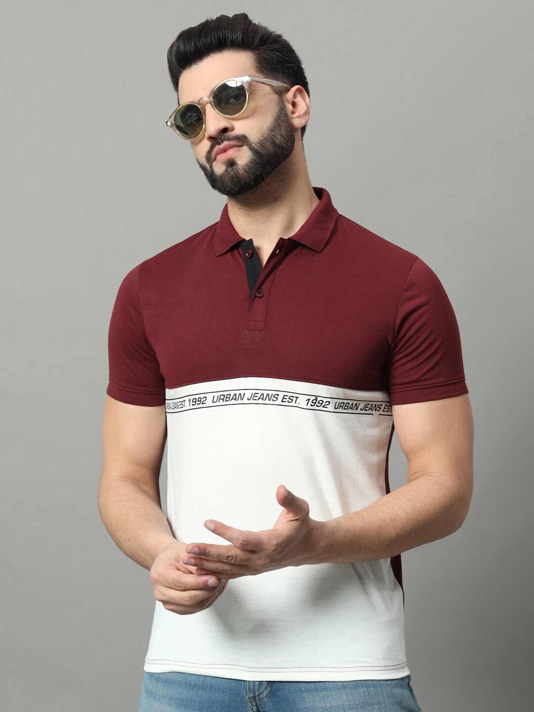 

OGEN Colourblocked Regular Fit Short Sleeves Cotton Polo Collar T-shirt, Burgundy