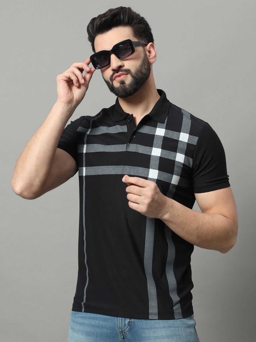 

OGEN Checked Polo Collar T-shirt, Black
