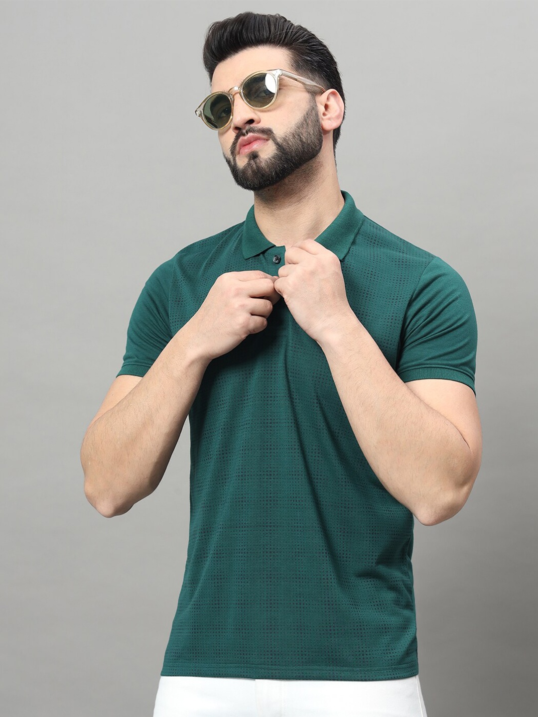 

OGEN Geometric Printed Polo Collar Short Sleeves T-shirt, Green