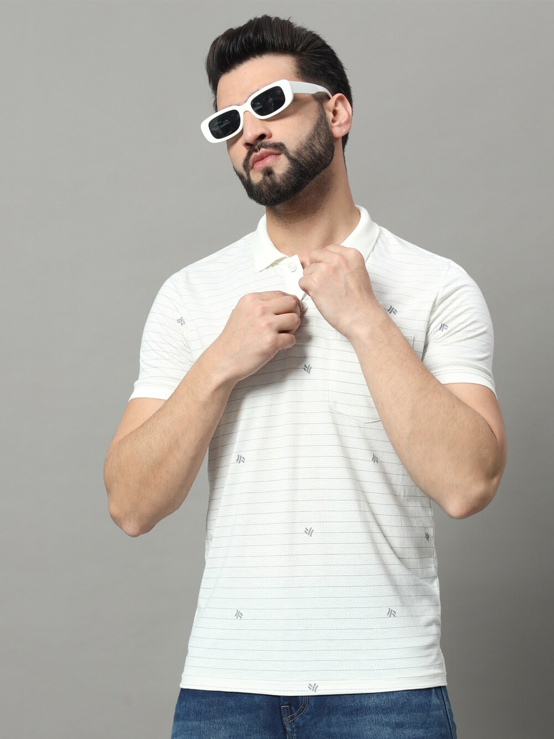 

OGEN Men Striped Polo Collar Pockets T-shirt, White