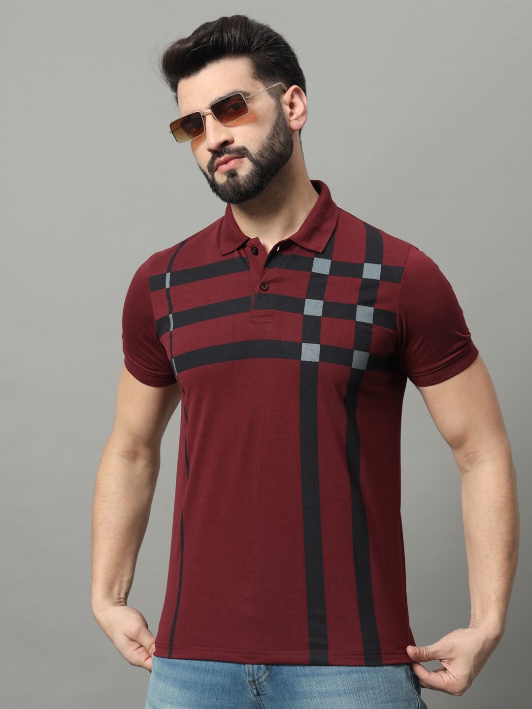 

OGEN Men Striped Polo Collar T-shirt, Burgundy