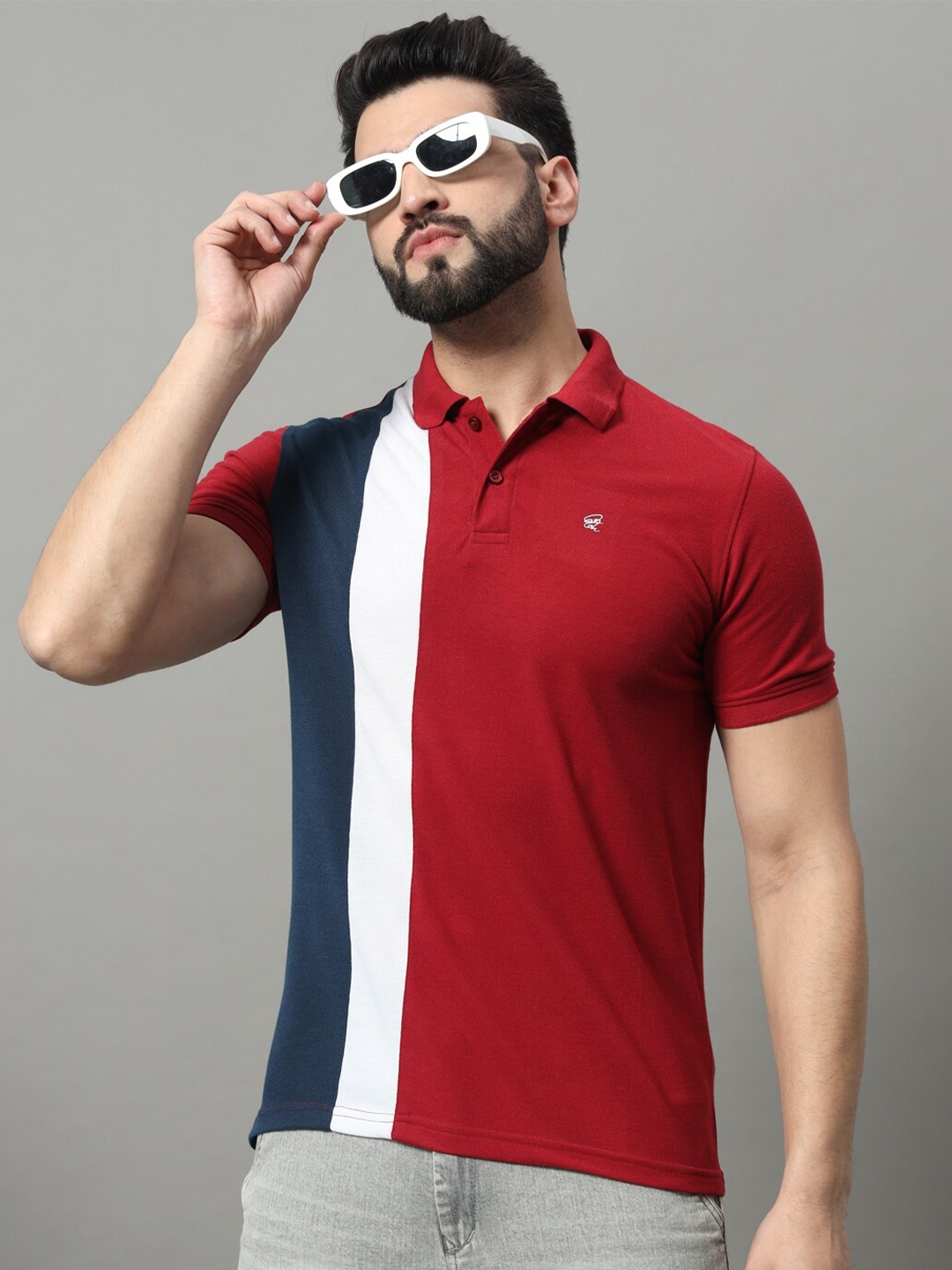 

OGEN Men Striped Polo Collar T-shirt, Maroon