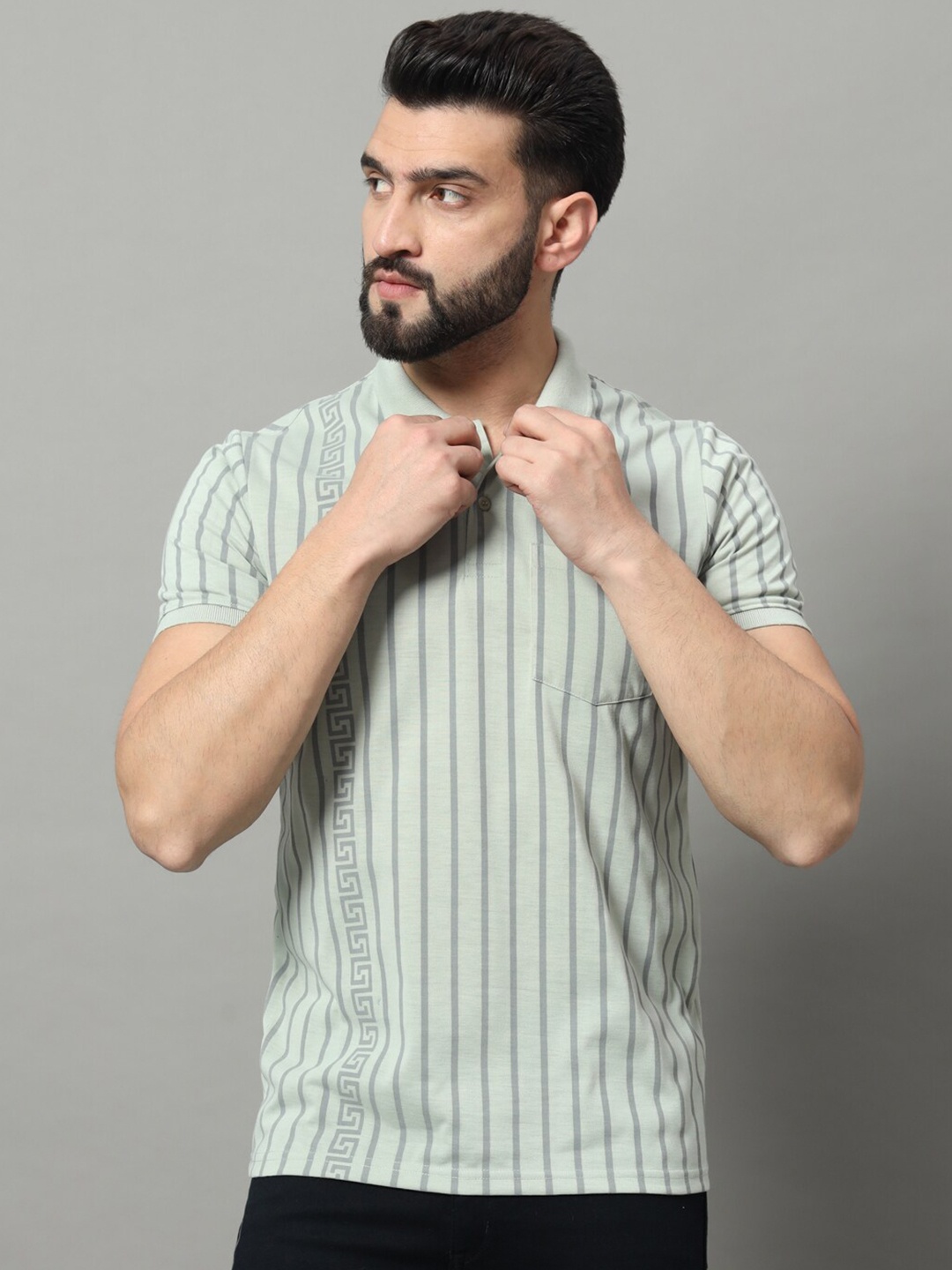 

OGEN Striped Polo Collar Pockets T-shirt, Grey