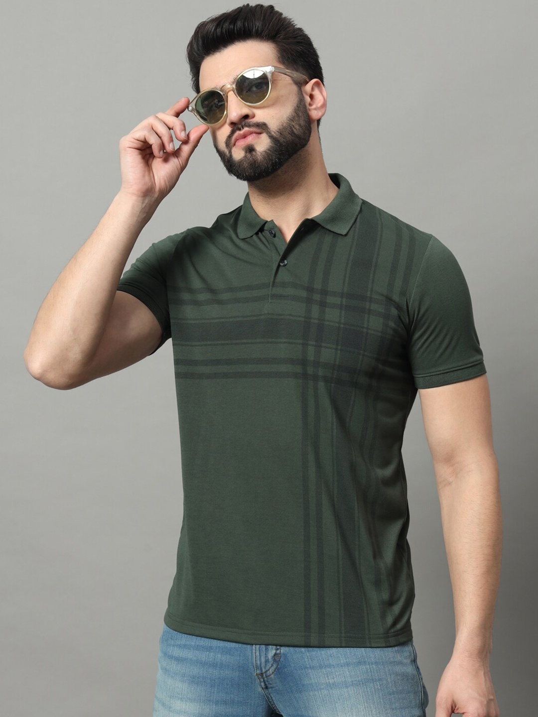 

OGEN Striped Polo Collar T-shirt, Olive