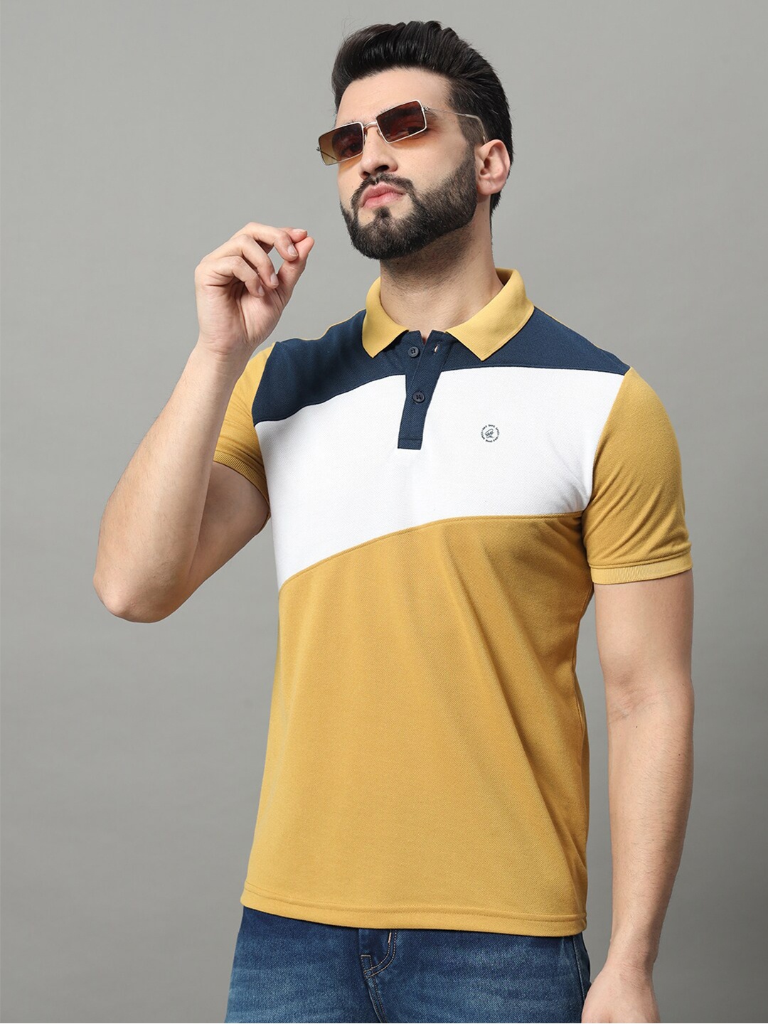 

OGEN Colourblocked Polo Collar Short Sleeves Regular Fit T-shirt, Mustard