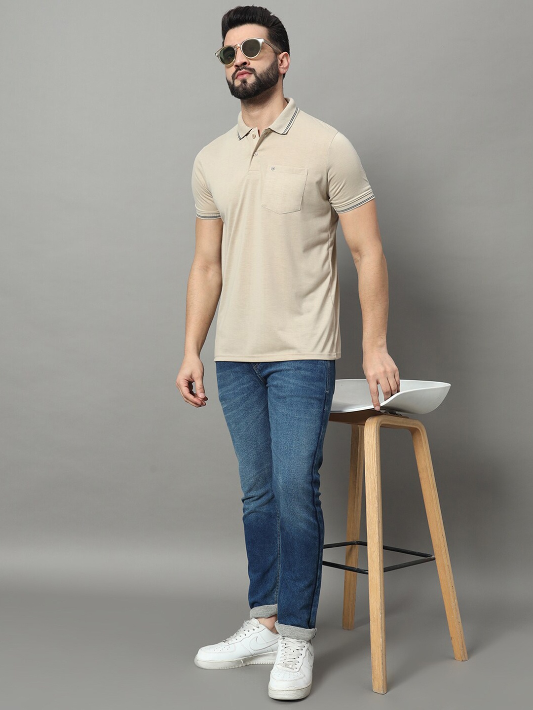 

OGEN Men Polo Collar Pockets T-shirt, Cream