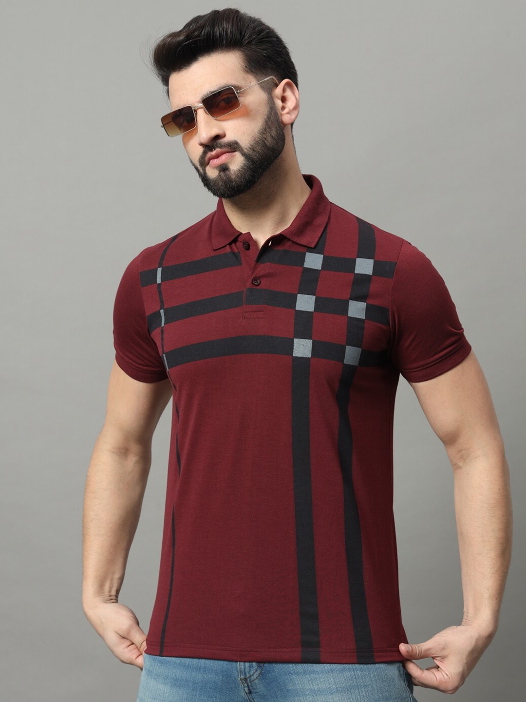 

OGEN Men Striped Polo Collar T-shirt, Burgundy