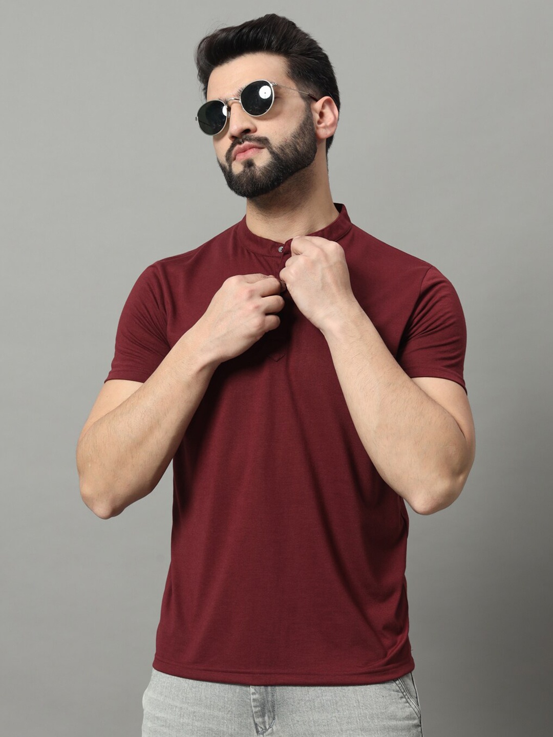 

OGEN Regular Fit Short Sleeves Cotton Mandarin Collar T-shirt, Burgundy