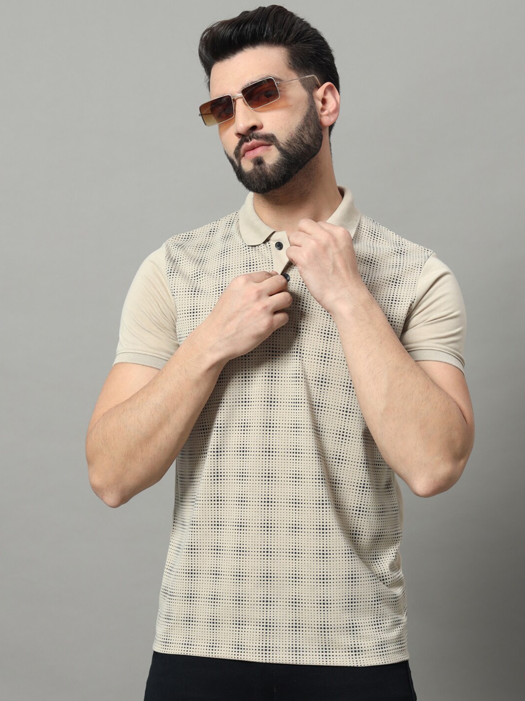 

OGEN Geometric Printed Polo Collar T-shirt, Beige