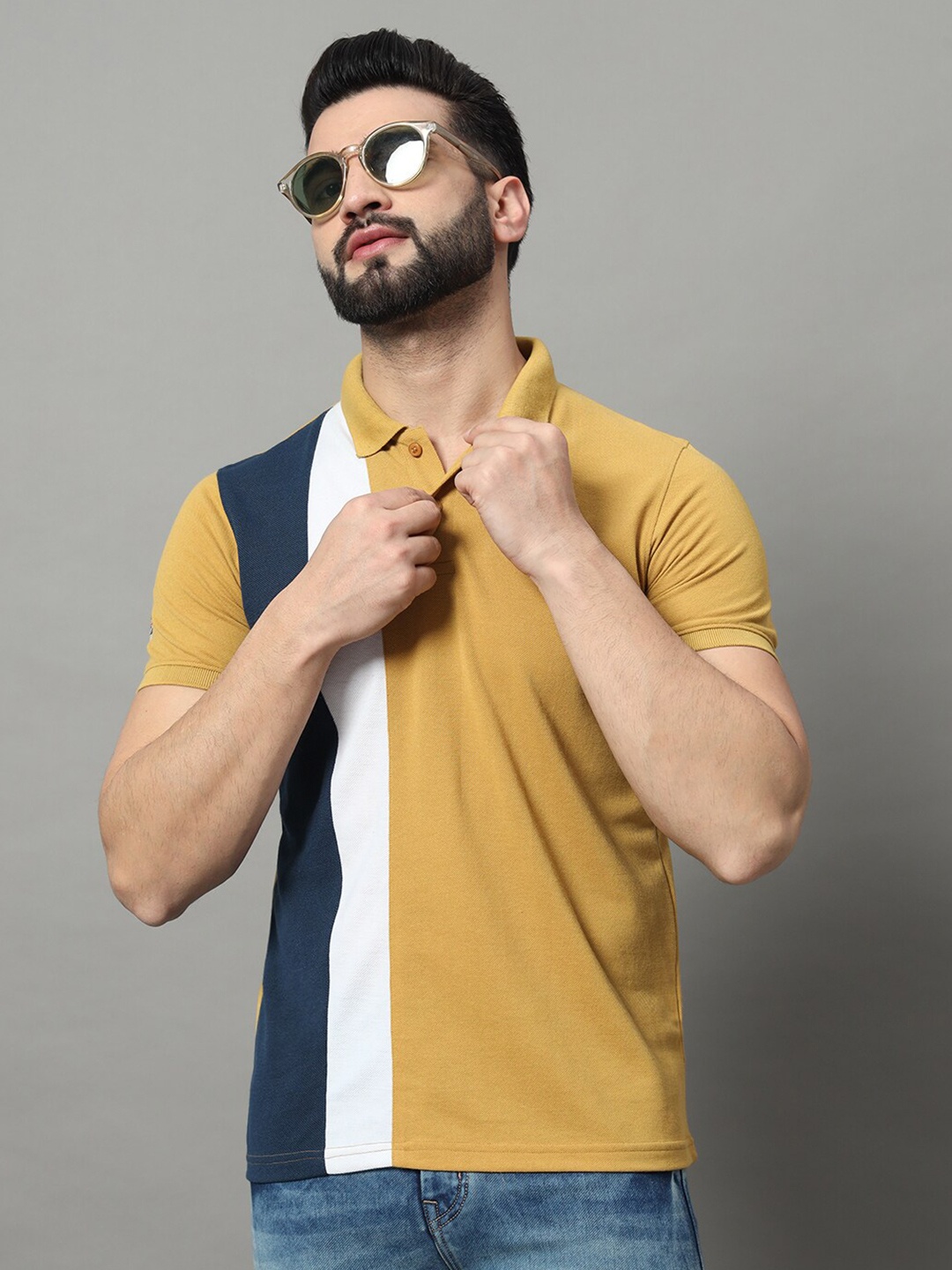 

OGEN Striped Polo Collar Short Sleeves Casual T-shirt, Yellow
