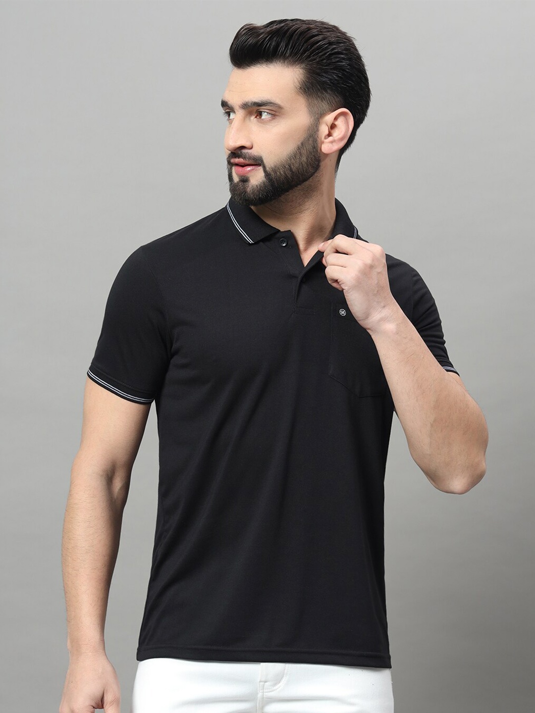 

OGEN Polo Collar Short Sleeves Patch Pockets Casual T-Shirt, Black