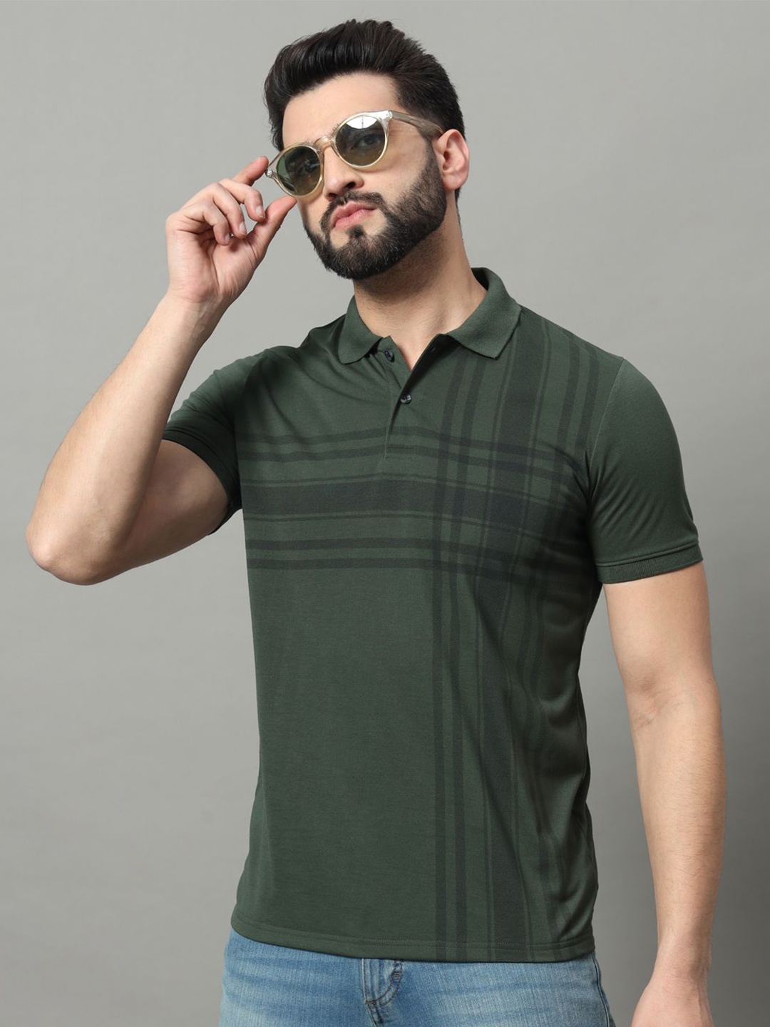 

OGEN Striped Regular Fit Short Sleeves Cotton Polo Collar T-shirt, Olive