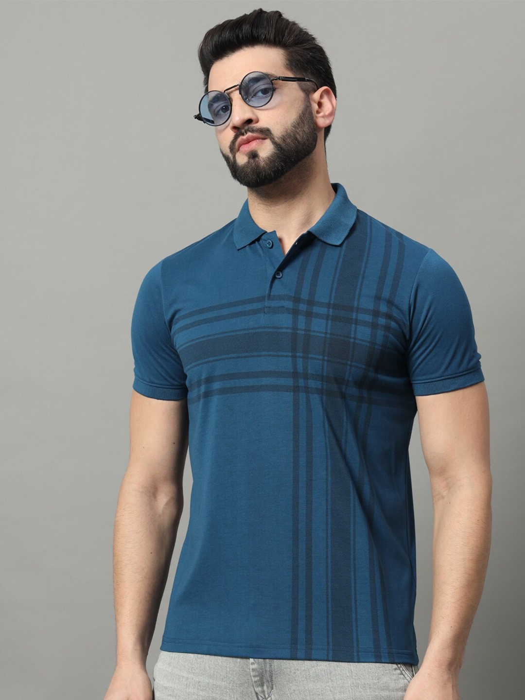 

OGEN Men Striped Polo Collar T-shirt, Navy blue