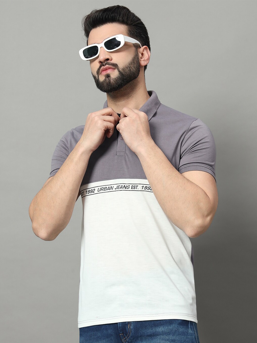 

OGEN Regular Fit Short Sleeves Cotton Colourblocked Polo Collar T-shirt, Grey