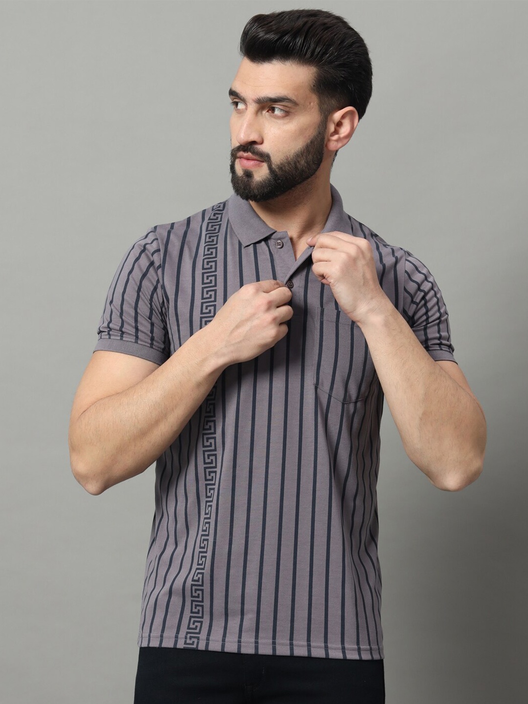

OGEN Striped Polo Collar Short Sleeves Casual T-shirt, Grey