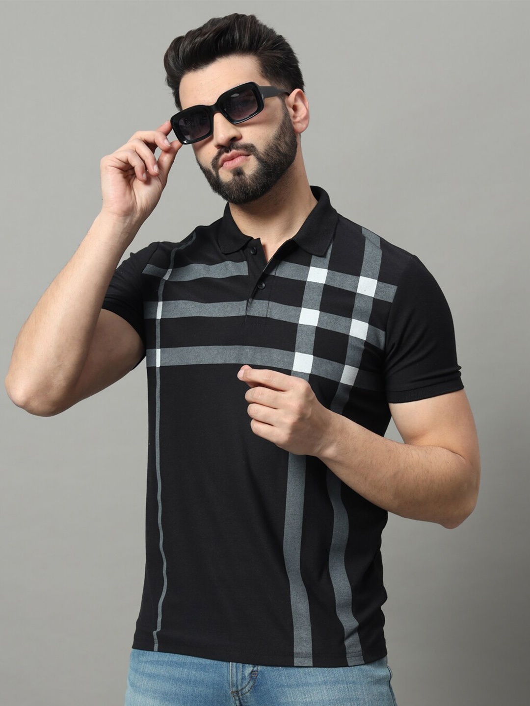 

OGEN Men Striped Polo Collar T-shirt, Black