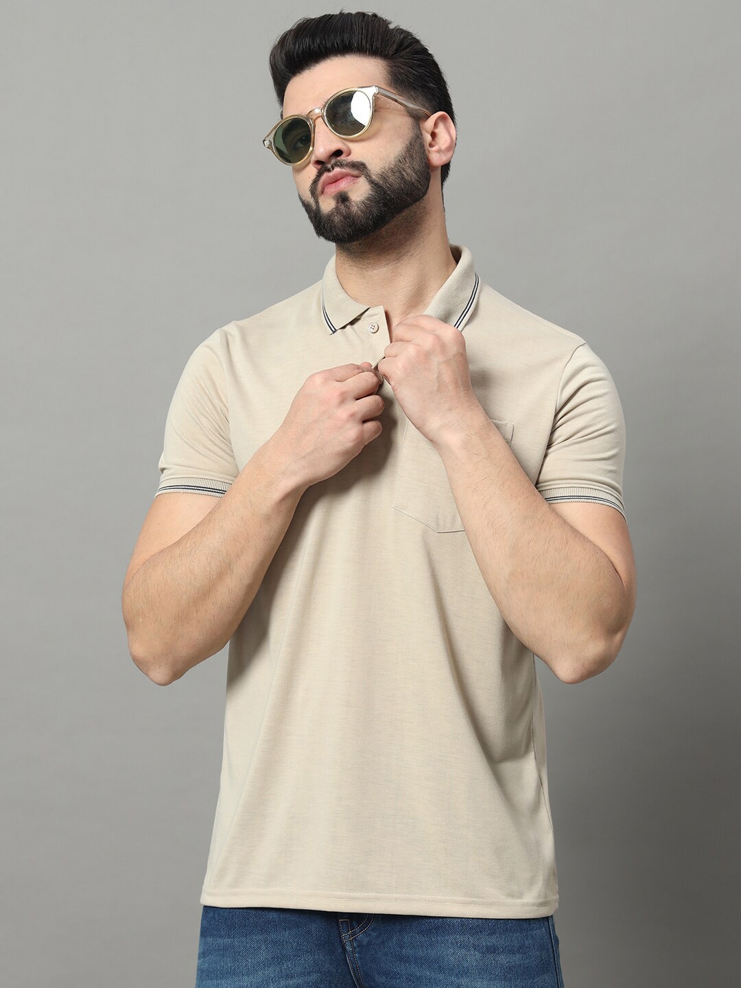 

OGEN Polo Collar Short Sleeves Pockets T-shirt, Cream