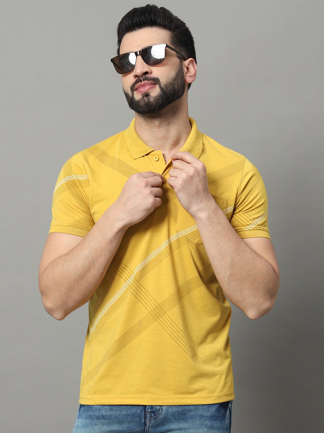 

OGEN Men Printed Polo Collar Pockets T-shirt, Yellow