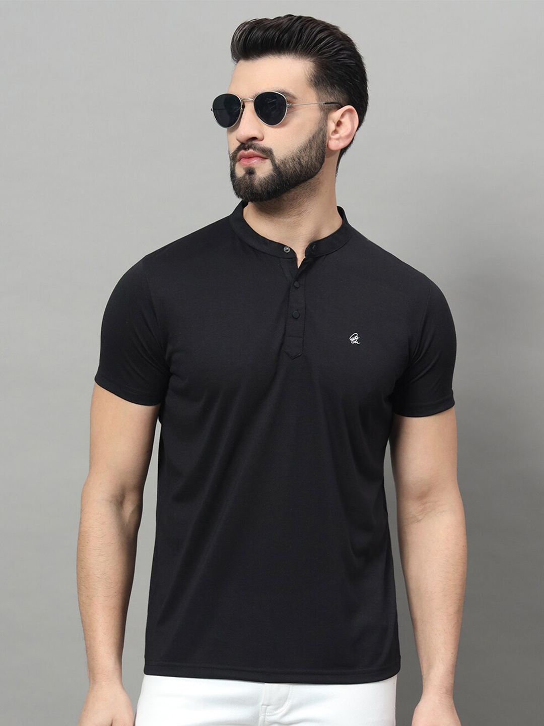 

OGEN Mandarin Collar Short Sleeves Casual T-shirt, Black