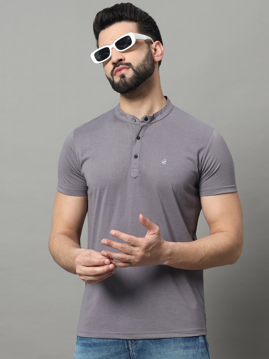 

OGEN Henley Neck Short Sleeves Casual T-Shirt, Lavender