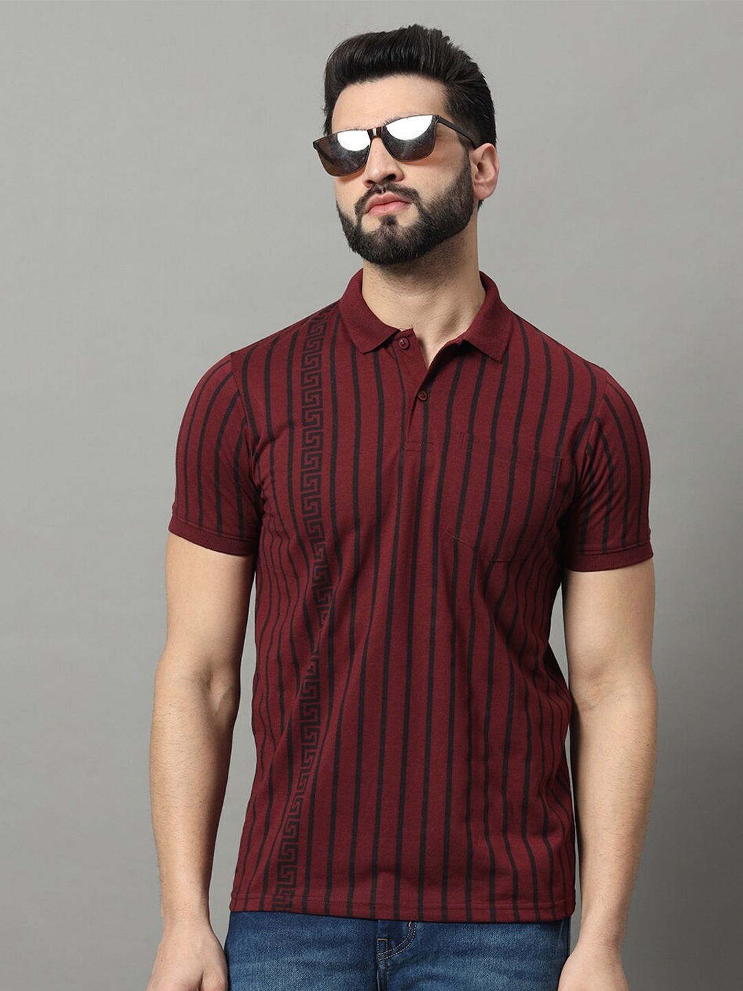 

OGEN Men Striped Polo Collar Pockets T-shirt, Burgundy