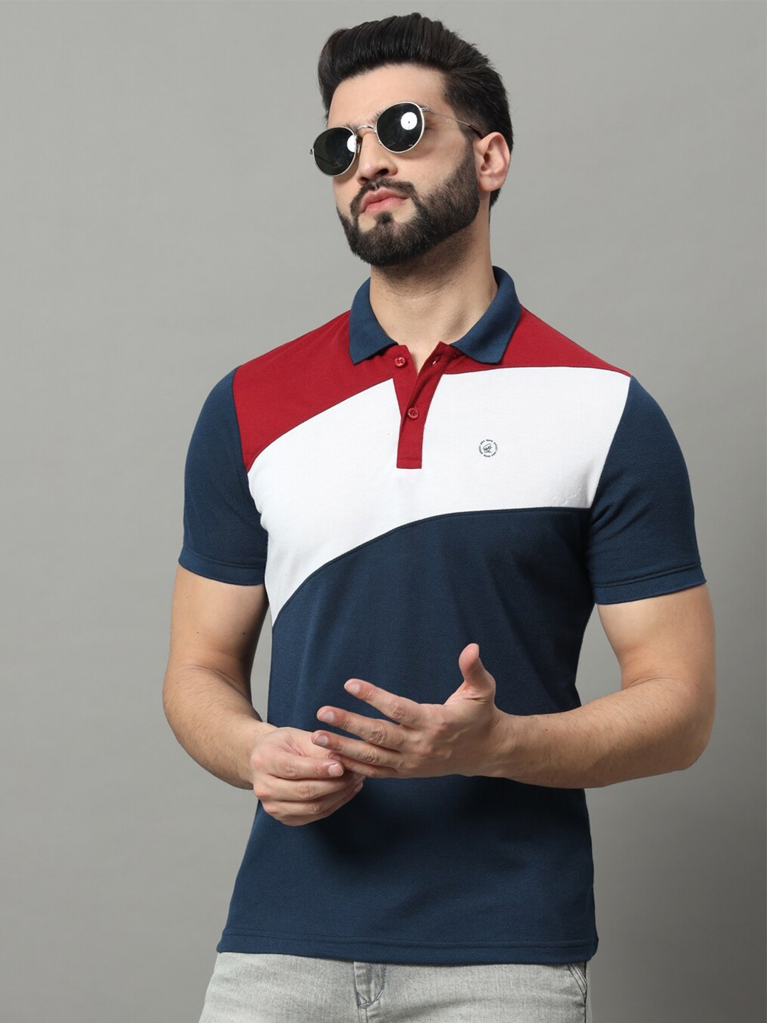 

OGEN Men Colourblocked Polo Collar T-shirt, Navy blue