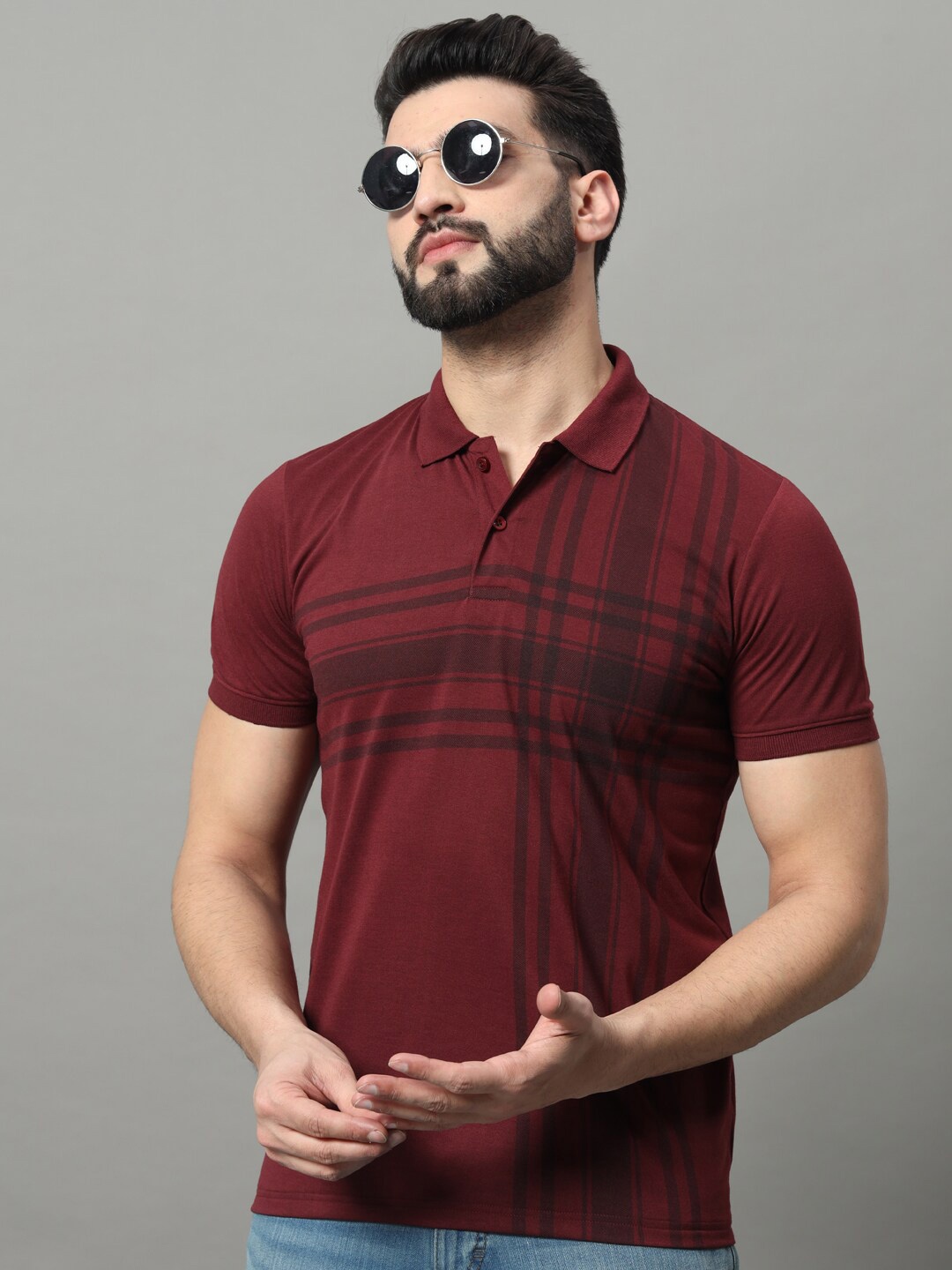 

OGEN Checked Polo Collar Casual T-shirt, Burgundy