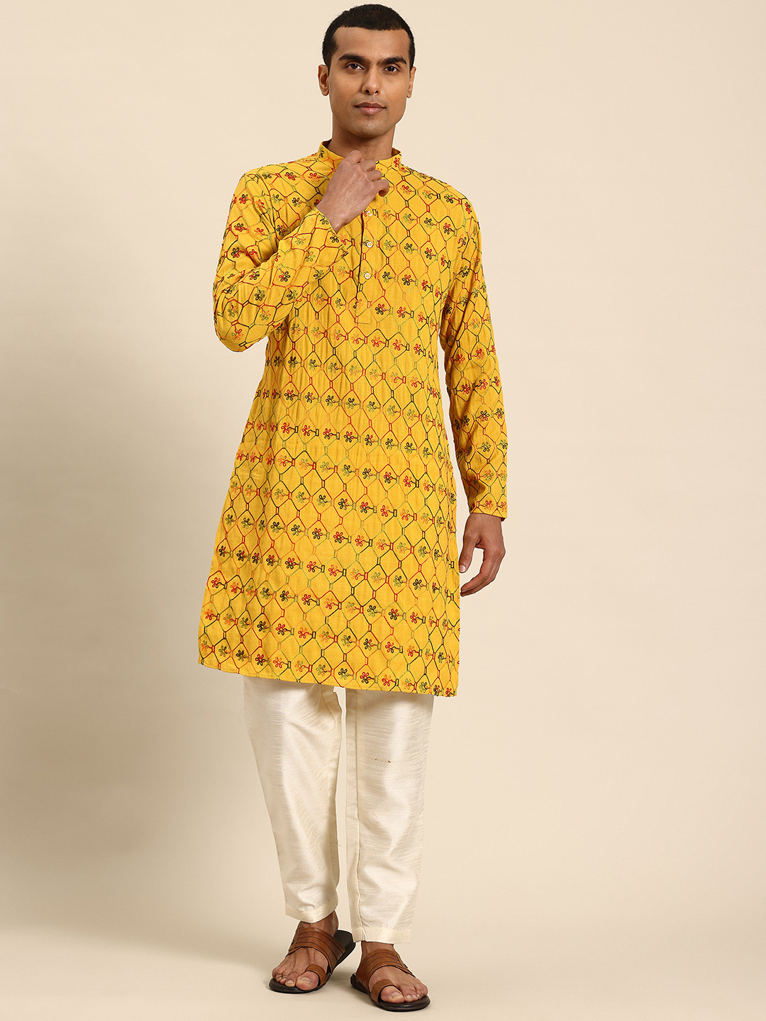 

Sayisha Men Ethnic Motifs Embroidered Thread Work Kurta, Mustard