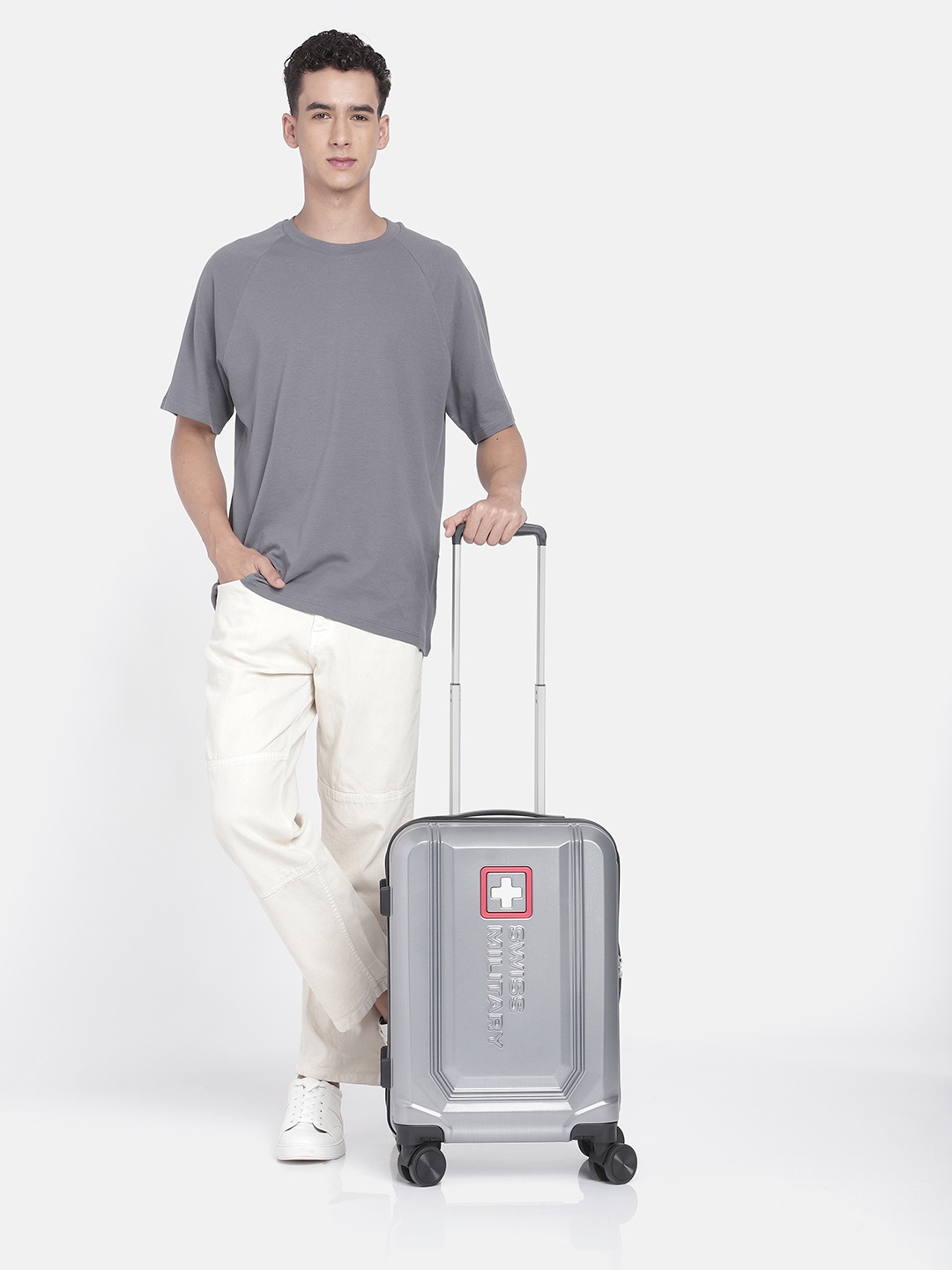 

SWISS MILITARY Sapphire Brand Logo Embossed Cabin Trolley Suitcase, Silver