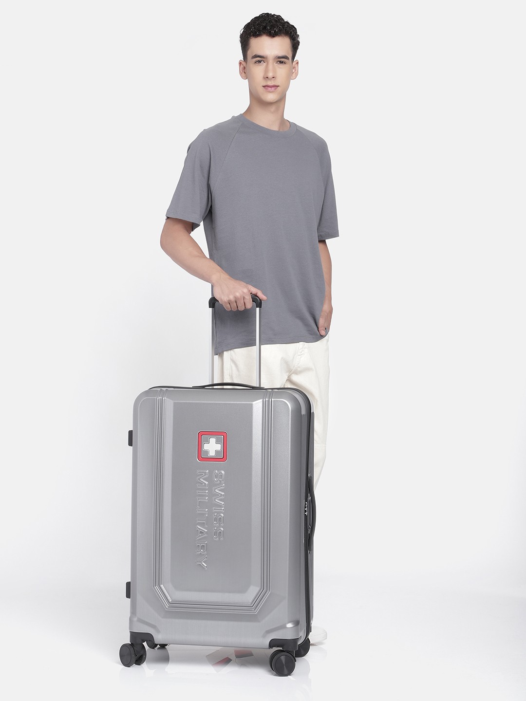 

SWISS MILITARY Sapphire Brand Logo Embossed Large Trolley Suitcase, Silver