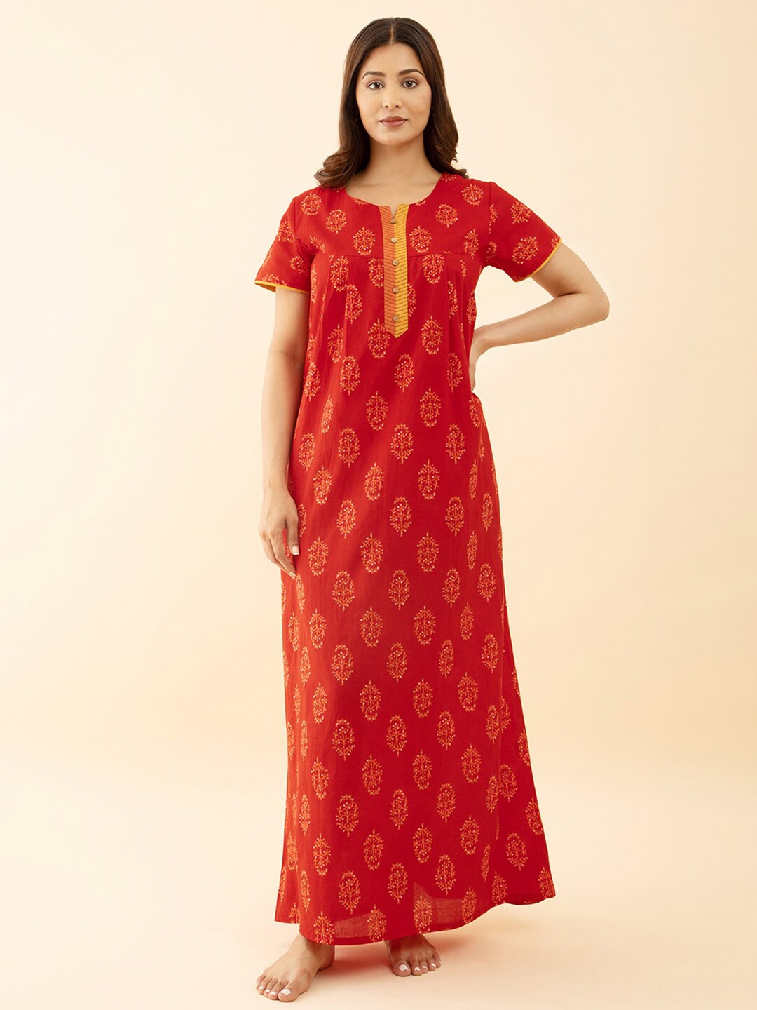

Maybell Ethnic Motifs Printed Pure Cotton Maxi Nightdress, Red