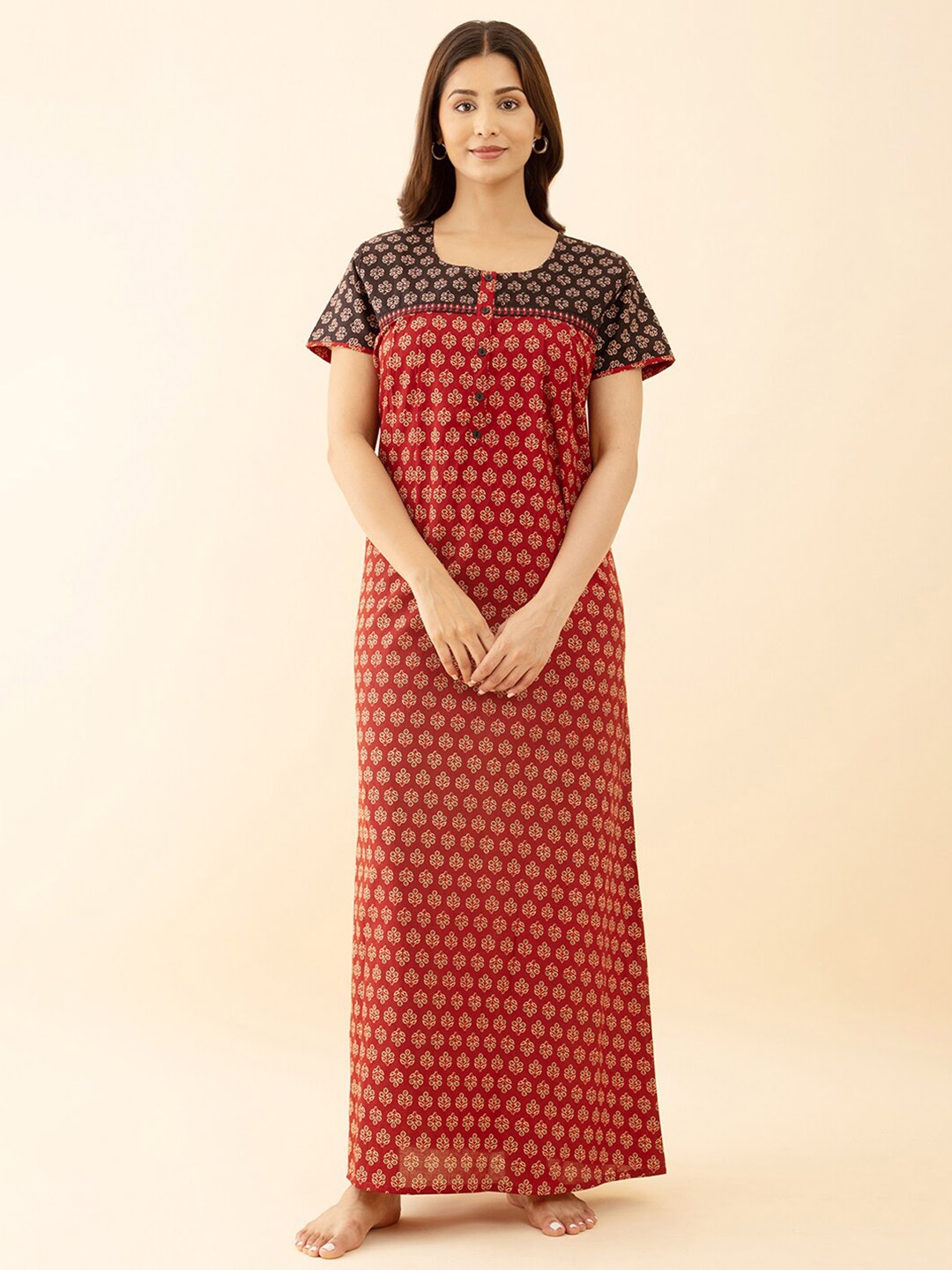 

Maybell Floral Printed Pure Cotton Maxi Nightdress, Maroon