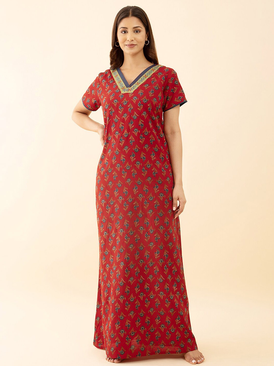 

Maybell Floral Printed Pure Cotton Maxi Nightdress, Red