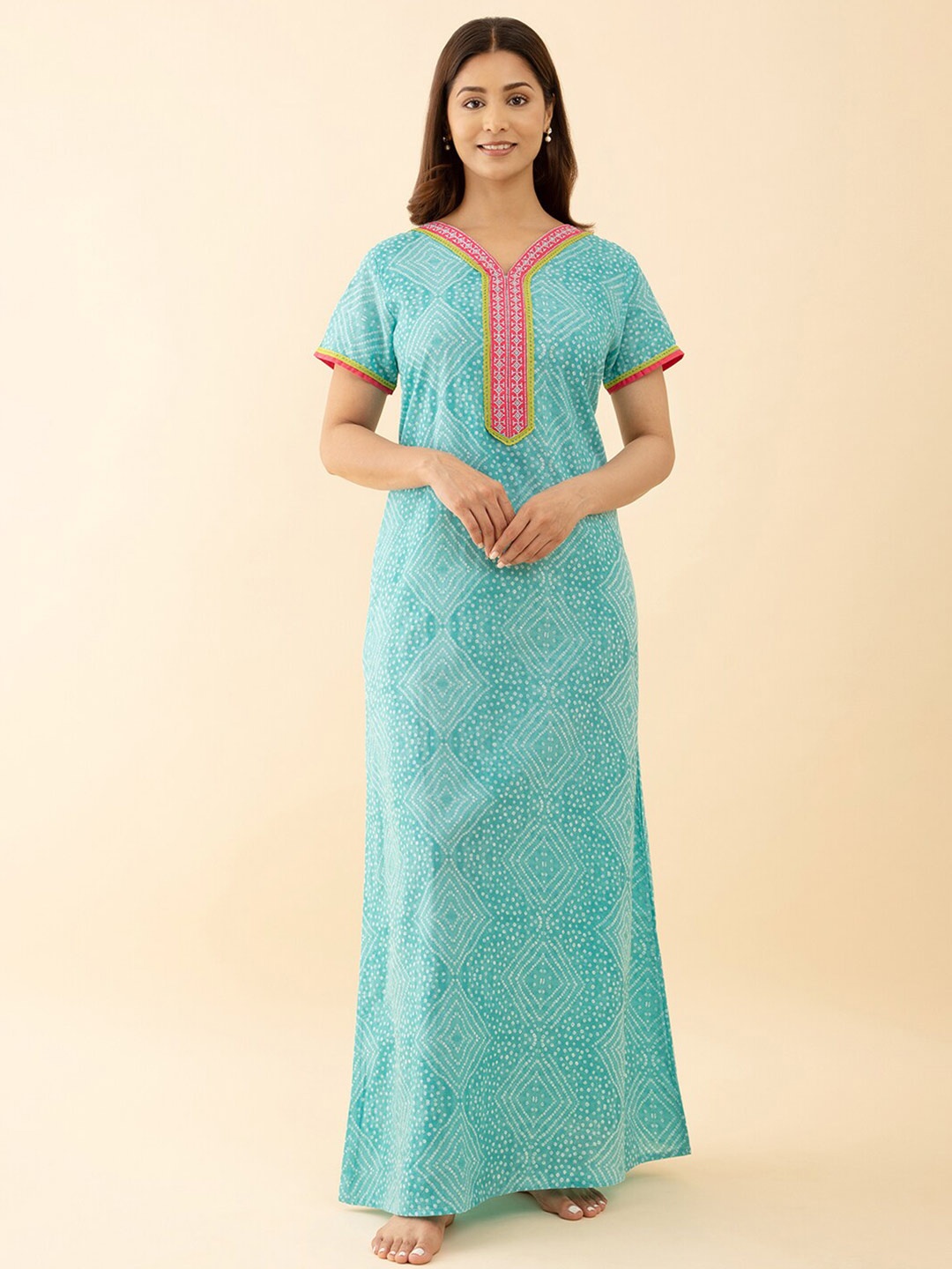 

Maybell Bandhani Printed Pure Cotton Maxi Nightdress, Blue