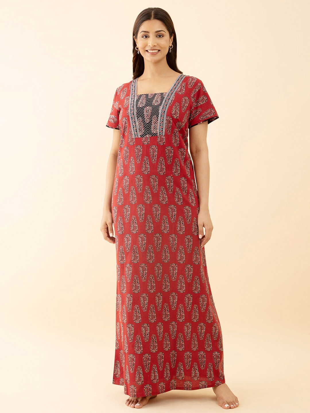 

Maybell Floral Printed Pure Cotton Maxi Nightdress, Red