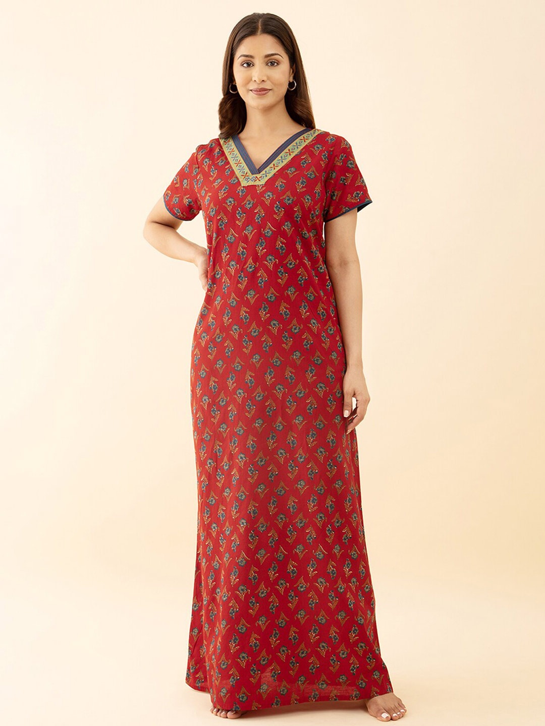 

Maybell Floral Printed Pure Cotton Maxi Nightdress, Red