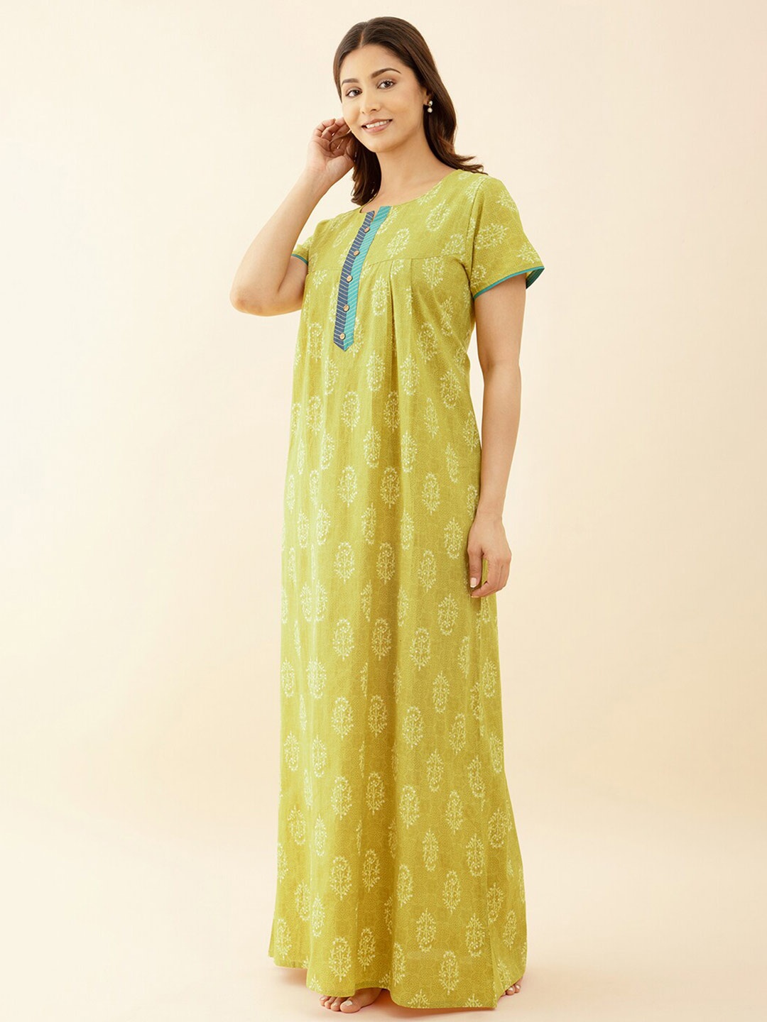 

Maybell Floral Printed Pure Cotton Maxi Nightdress, Green